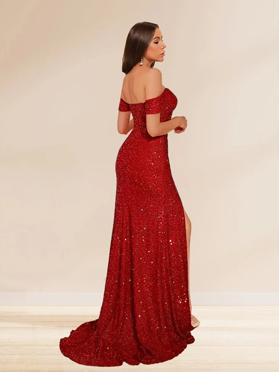 Trumpet/Mermaid Off-the-Shoulder Long Bridesmaid Dresses with Sequins & Split Side sold by Lavetir product image thumbnail 2