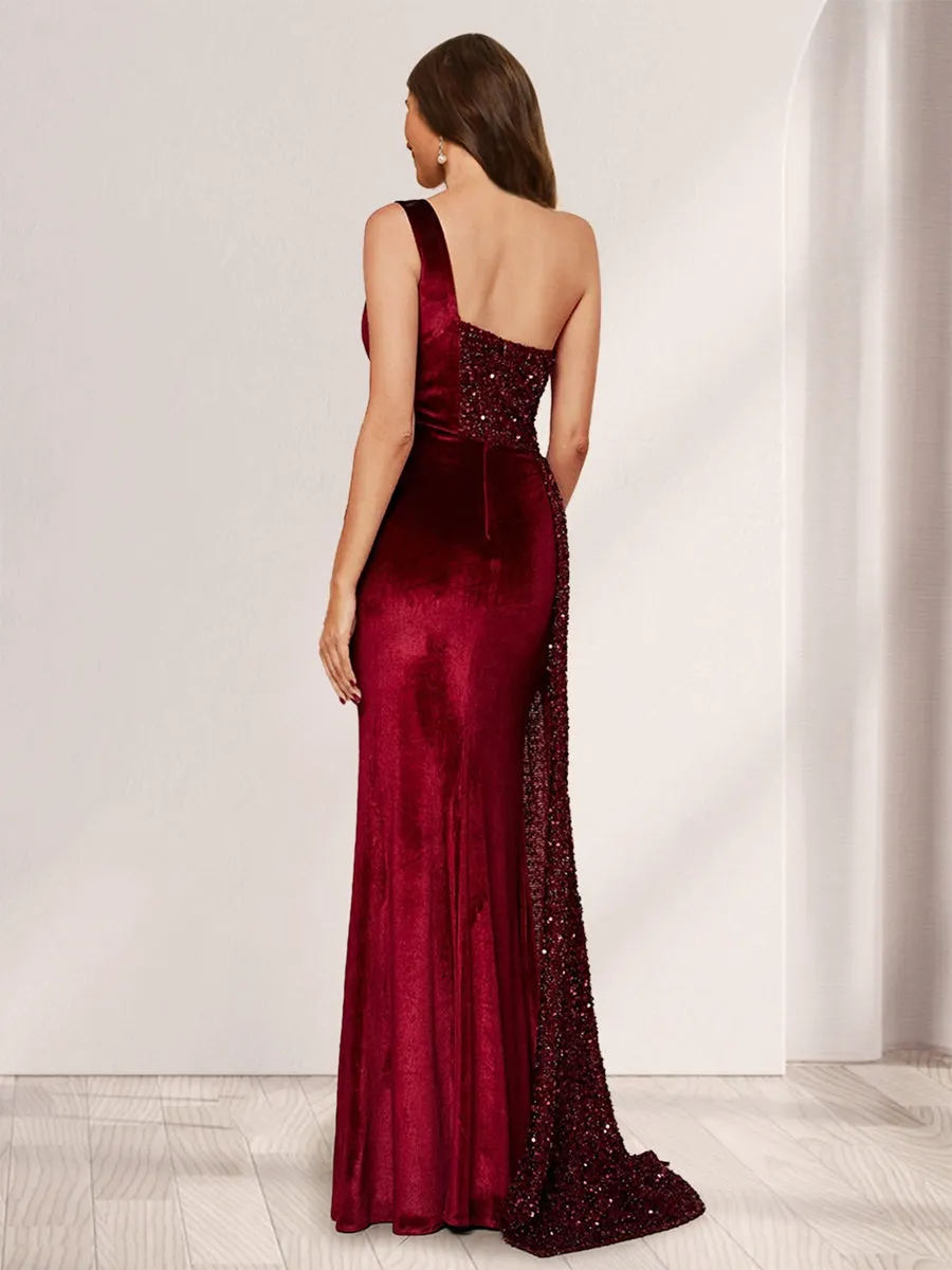 Sheath/Column One-Shoulder Floor-Length Velvet Bridesmaid Dresses with Sequins & Split Side sold by Lavetir product image thumbnail 2