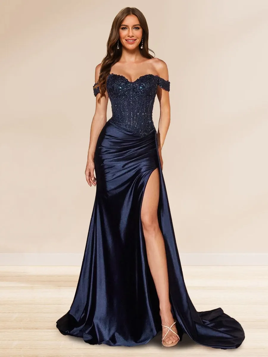 Trumpet/Mermaid Off-the-Shoulder Sweep Train Sequined Bridesmaid Dresses with Split Side sold by Lavetir