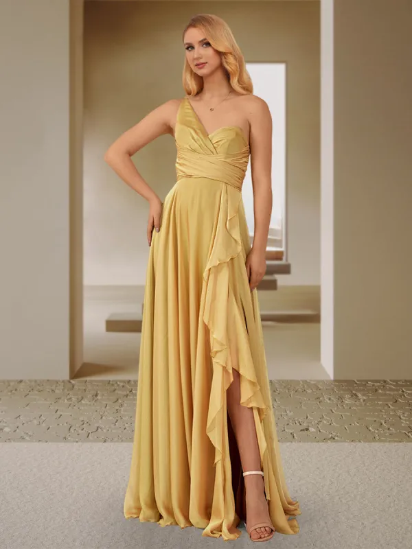 A-Line/Princess One-Shoulder Sleeveless Ruched Bridesmaid Dresses with Side Slit & Ruffles sold by Lavetir