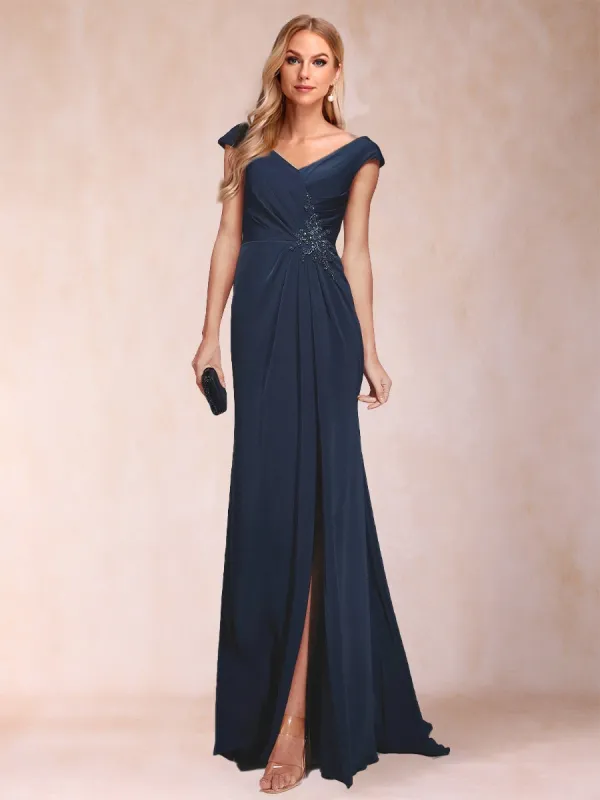 Sheath/Column V-Neck Ruched Mother of the Bride Dresses with Appliques & Split Side sold by Lavetir