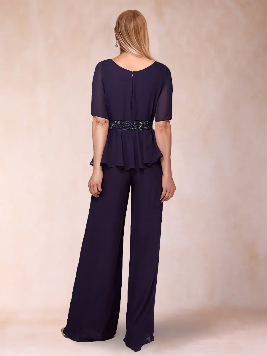 Chiffon Scoop Half Sleeves 2 Pieces Pantsuits with Rhinestone Belt sold by Lavetir product image thumbnail 2