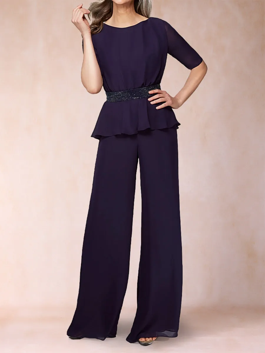 Chiffon Scoop Half Sleeves 2 Pieces Pantsuits with Rhinestone Belt sold by Lavetir product image thumbnail 3