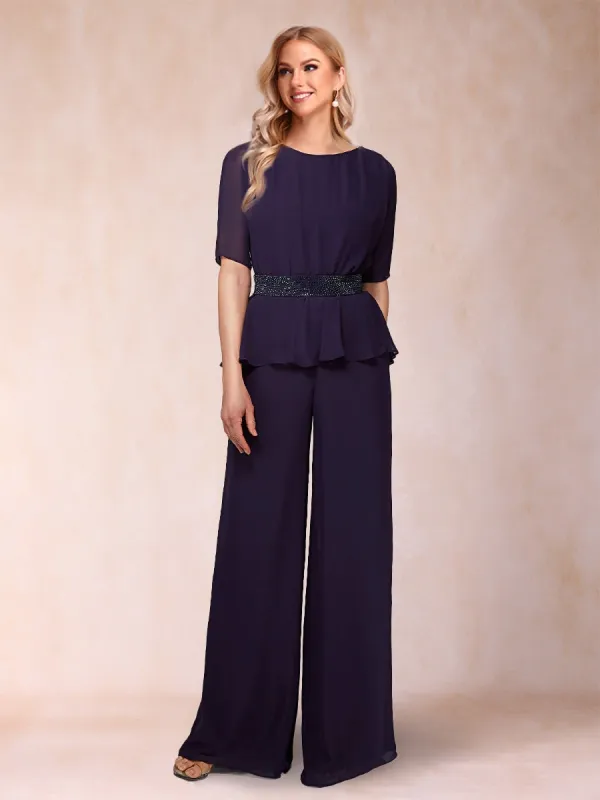 Chiffon Scoop Half Sleeves 2 Pieces Pantsuits with Rhinestone Belt sold by Lavetir