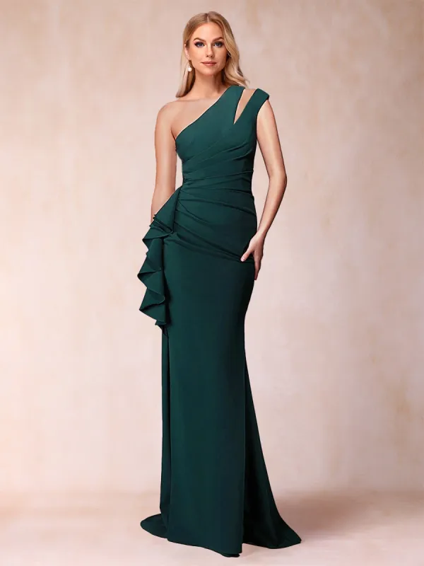 Sheath/Column One-Shoulder Sleeveless Ruched Mother of the Bride Dresses with Ruffles sold by Lavetir