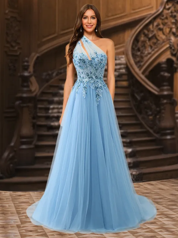 A-Line/Princess One-Shoulder Sleeveless Tulle Bridesmaid Dresses with Appliques sold by Lavetir