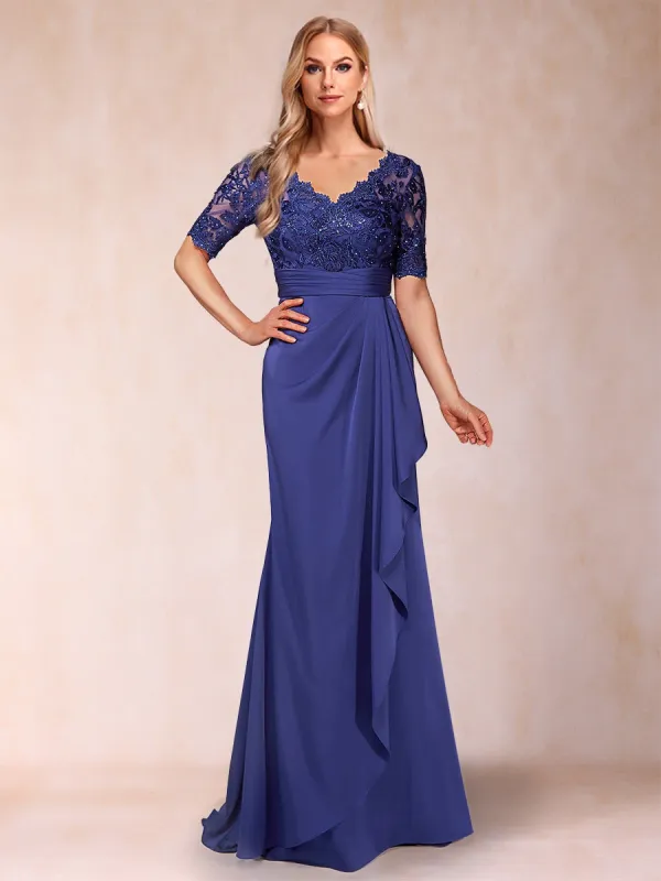Sheath/Column V-Neck Short Sleeves Mother of the Bride Dresses with Appliques & Ruffles sold by Lavetir