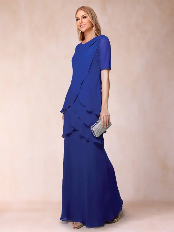 Sheath/Column Scoop Short Sleeves Chiffon Mother of the Bride Dresses with Ruffles sold by Lavetir