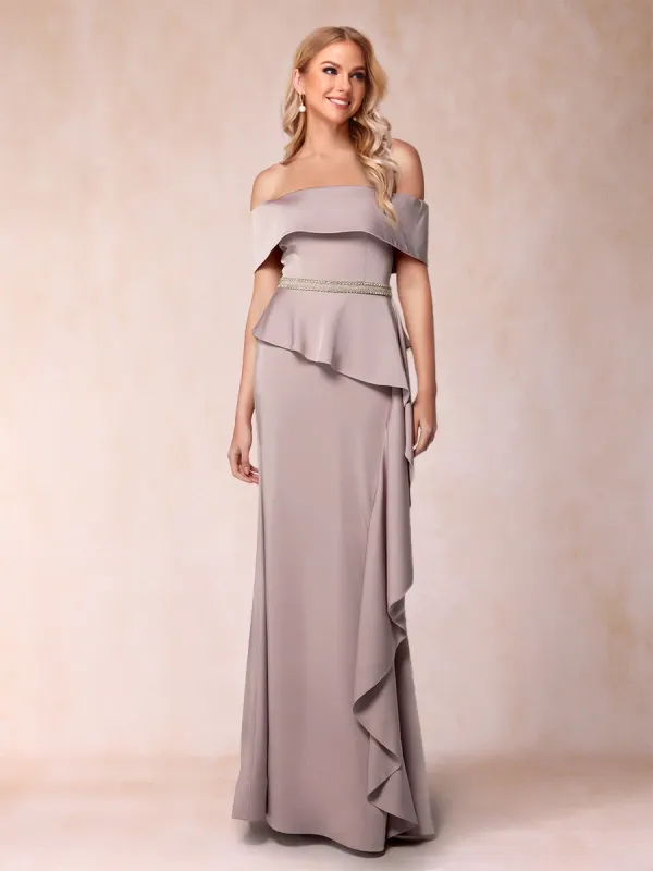 Sheath/Column Off-the-Shoulder Mother of the Bride Dresses with Rhinestone & Ruffles sold by Lavetir