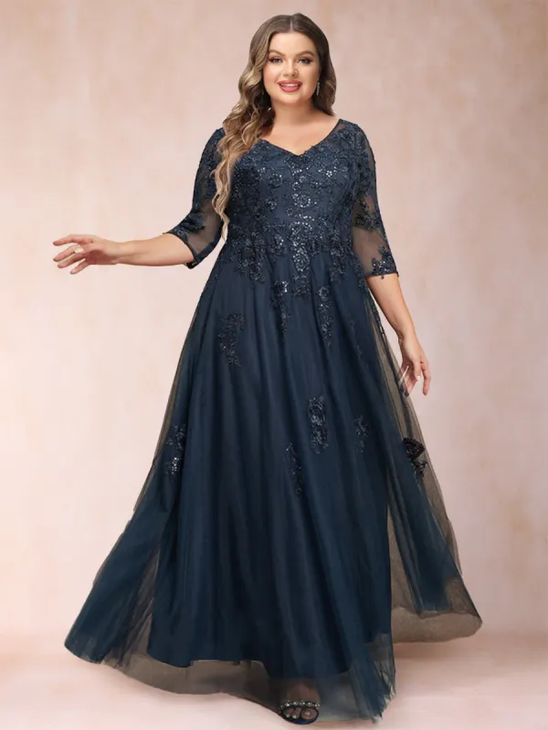 A-Line/Princess V-Neck 3/4 Sleeves Plus Size Mother of the Bride Dresses with Appliques & Sequins sold by Lavetir