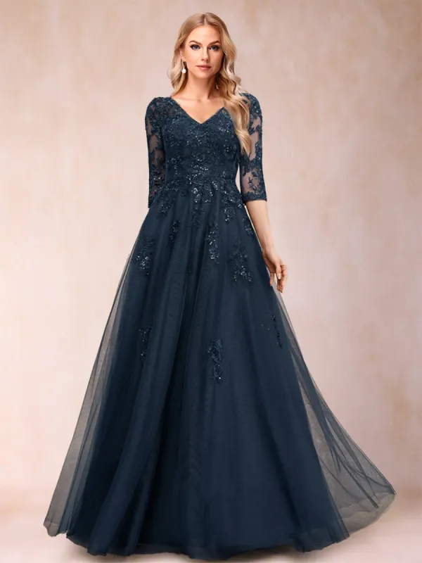 A-Line/Princess V-Neck 3/4 Sleeves Tulle Mother of the Bride Dresses with Appliques & Sequins sold by Lavetir