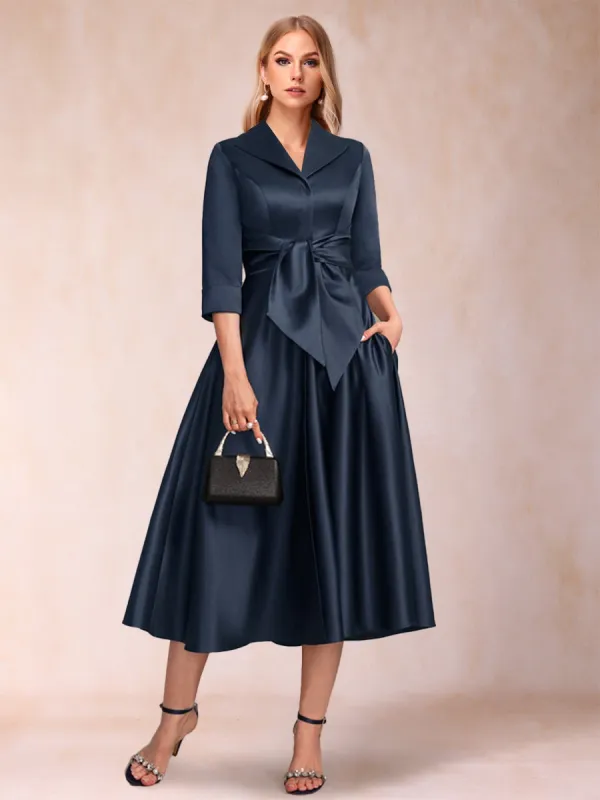 A-Line/Princess V-Neck 3/4 Sleeves Tea-Length Mother of the Bride Dresses with Belt & Pockets sold by Lavetir