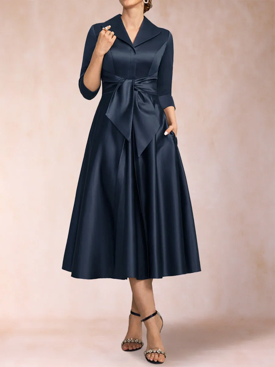 A-Line/Princess V-Neck 3/4 Sleeves Tea-Length Mother of the Bride Dresses with Belt & Pockets sold by Lavetir product image thumbnail 5