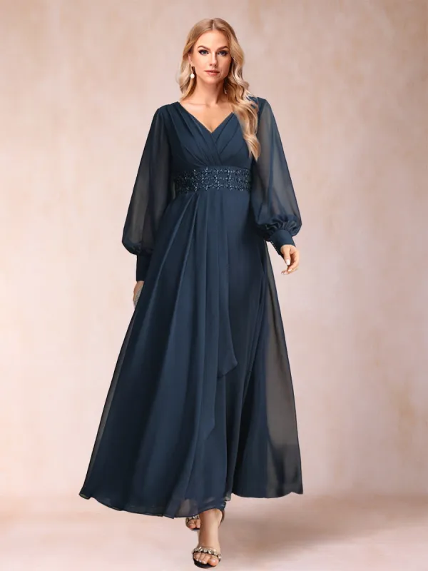 A-Line/Princess V-Neck Long Sleeves Mother of the Bride Dresses with Rhinestone & Ruffles sold by Lavetir