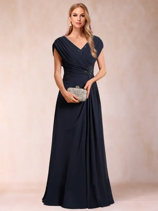 A-Line/Princess V-Neck Chiffon Ruched Mother of the Bride Dresses with Appliques & Beading sold by Lavetir