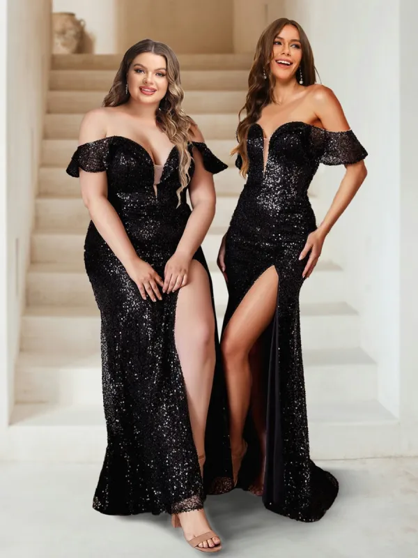 Sheath/Column Off-the-Shoulder Sequined Plus Size Bridesmaid Dresses with Split Side sold by Lavetir