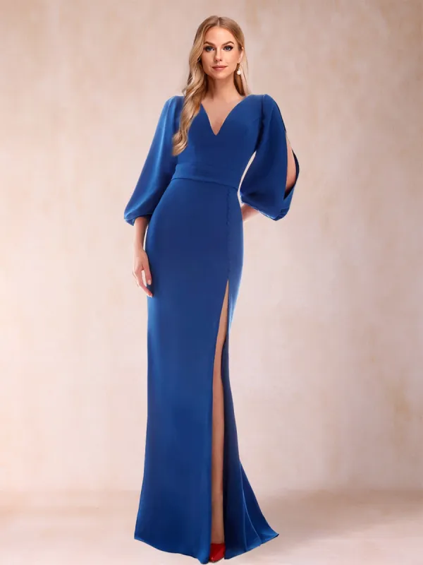 Sheath/Column V-Neck 3/4 Sleeves Floor-Length Mother of the Bride Dresses with Side Slit sold by Lavetir