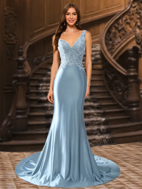 Trumpet/Mermaid V-Neck Satin Long Elegant Prom Dresses with Appliques sold by Lavetir