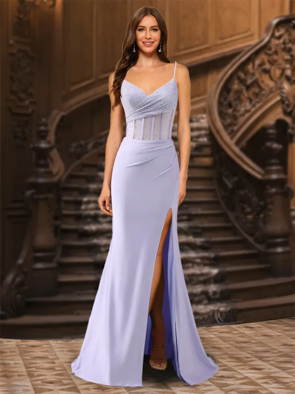 Trumpet/Mermaid Spaghetti Straps Pleated Satin Long Prom Dresses with Side Slit & Rhinestone sold by Lavetir