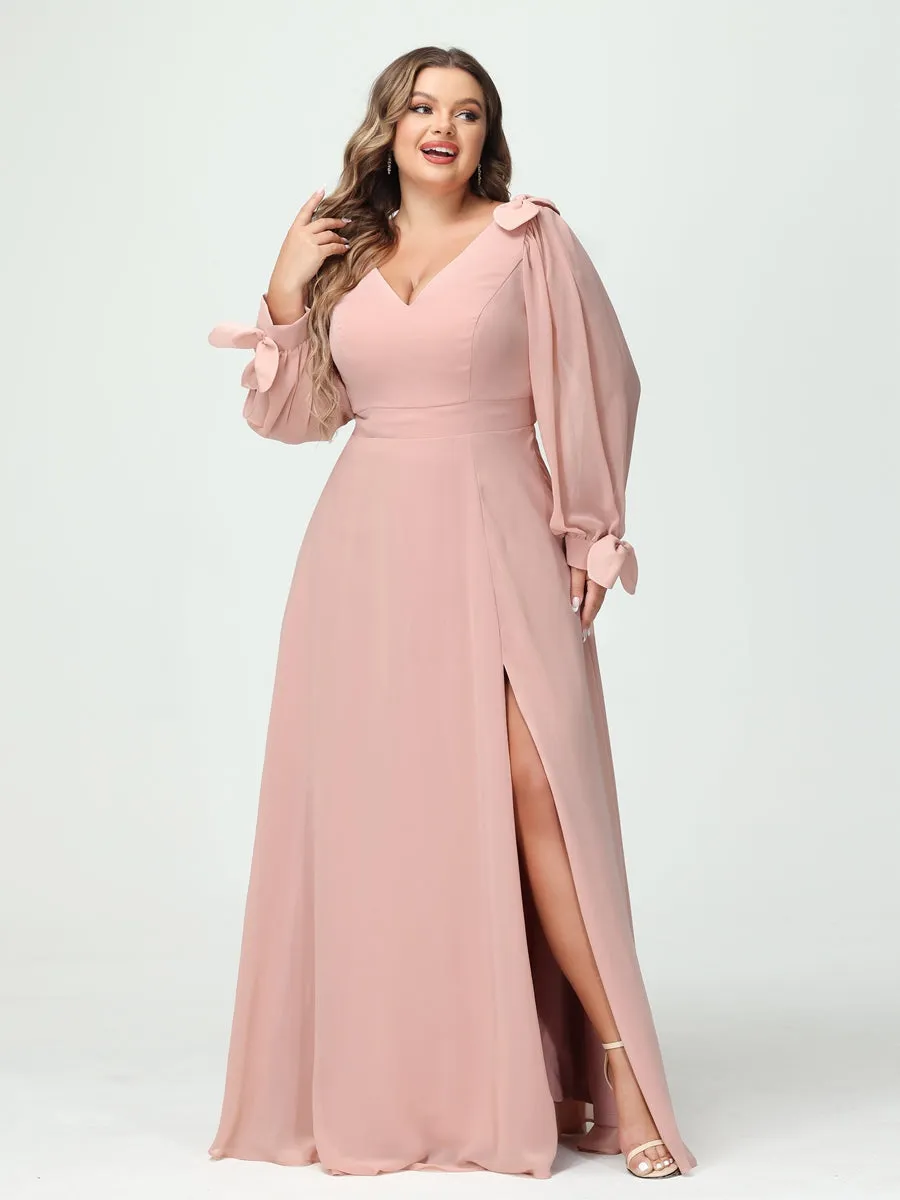 A-Line/Princess V-Neck Long Sleeves Chiffon Split Side Plus Size Bridesmaid Dresses with Pockets sold by Lavetir product image thumbnail 4