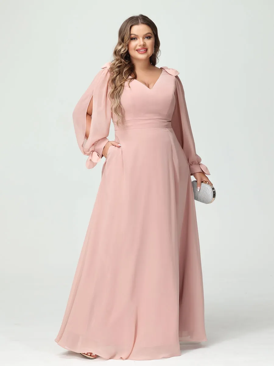A-Line/Princess V-Neck Long Sleeves Chiffon Split Side Plus Size Bridesmaid Dresses with Pockets sold by Lavetir