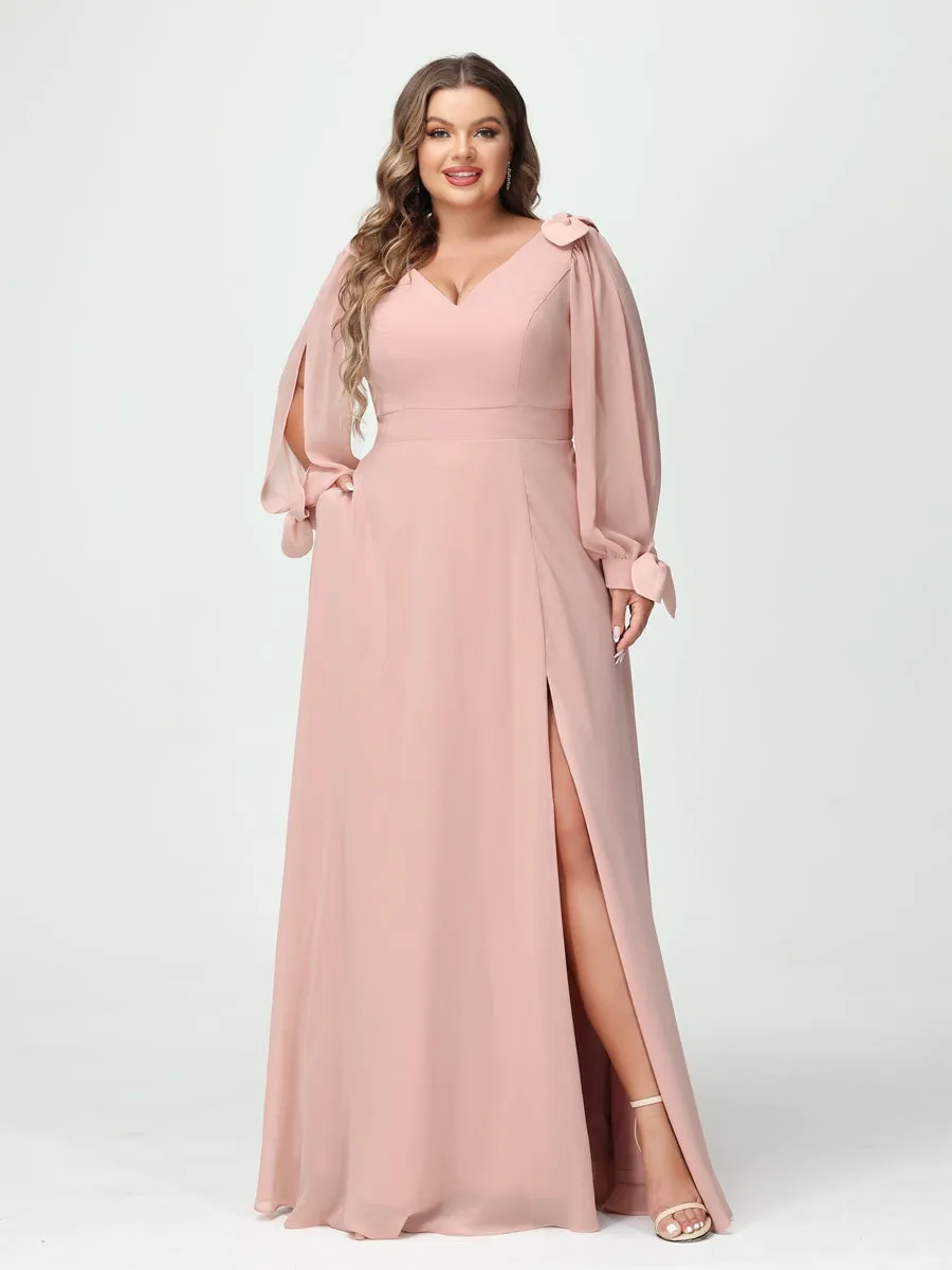 A-Line/Princess V-Neck Long Sleeves Chiffon Split Side Plus Size Bridesmaid Dresses with Pockets sold by Lavetir product image thumbnail 5
