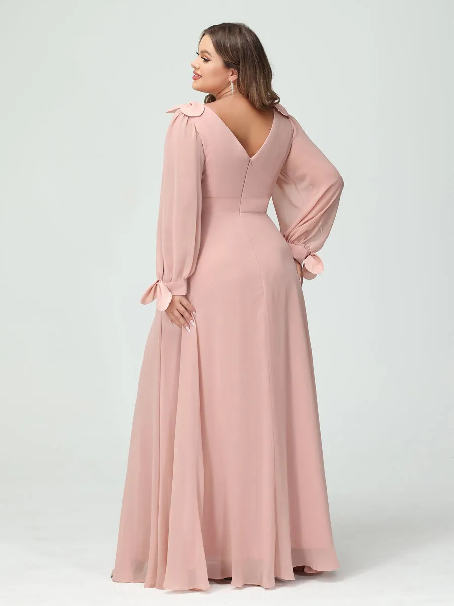 A-Line/Princess V-Neck Long Sleeves Chiffon Split Side Plus Size Bridesmaid Dresses with Pockets sold by Lavetir product image thumbnail 2