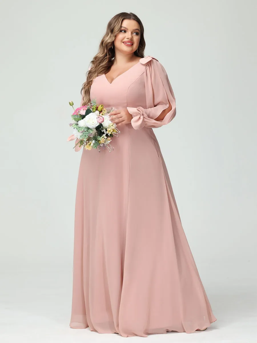 A-Line/Princess V-Neck Long Sleeves Chiffon Split Side Plus Size Bridesmaid Dresses with Pockets sold by Lavetir product image thumbnail 3