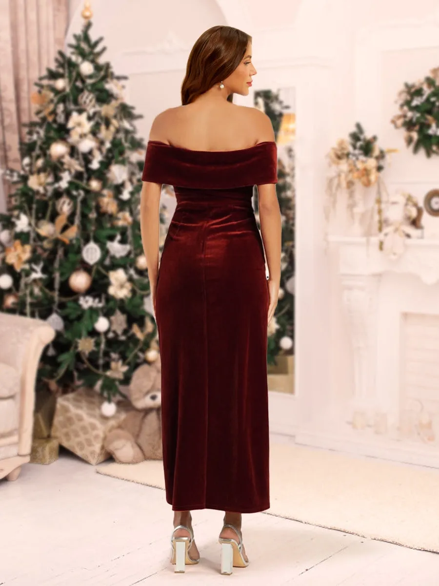 Sheath/Column Velvet Off-the-Shoulder Christmas Dress With Split Side sold by Lavetir product image thumbnail 2