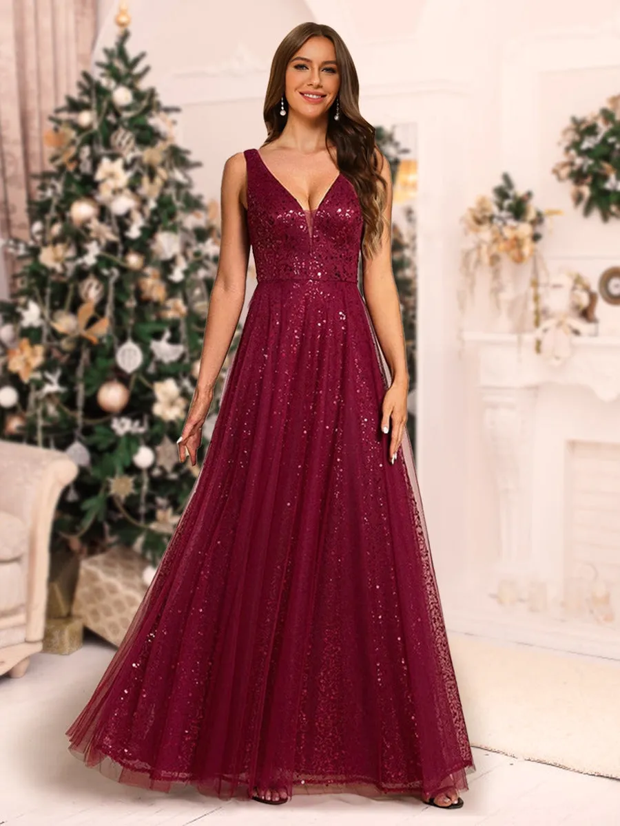A-Line/Princess V-Neck Floor-Length Christmas Dresses With Ruffles sold by Lavetir