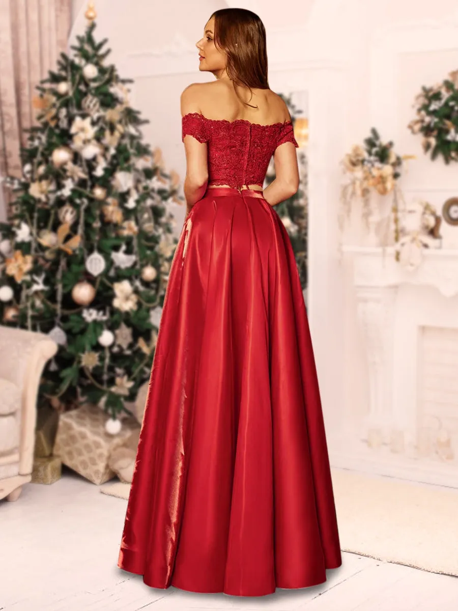 A-Line/Princess Off-the-Shoulder Applique Two Piece Long Christmas Dresses sold by Lavetir product image thumbnail 2