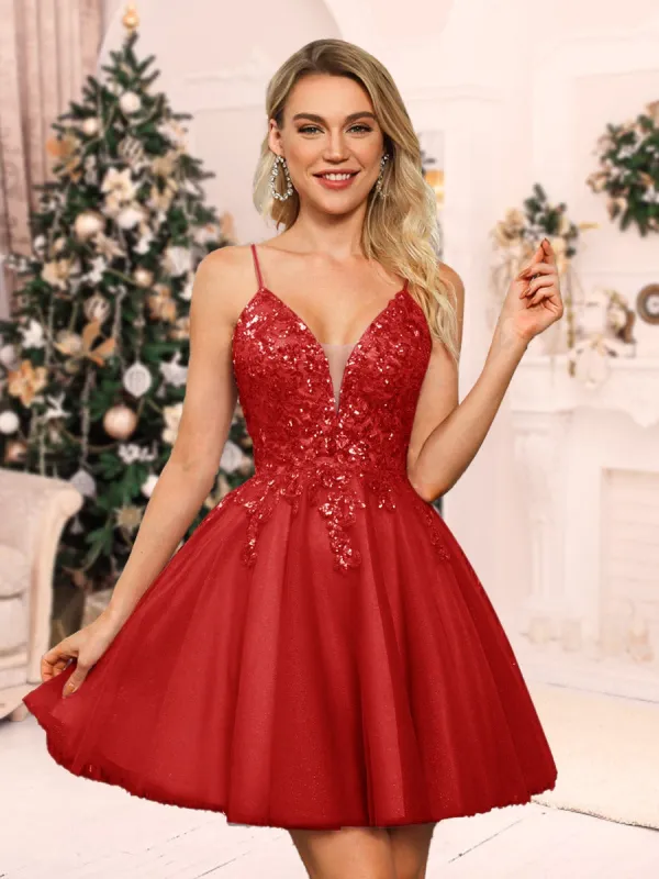 A-Line/Princess Spaghetti Straps Tulle Short Christmas Dresses with Sequins sold by Lavetir