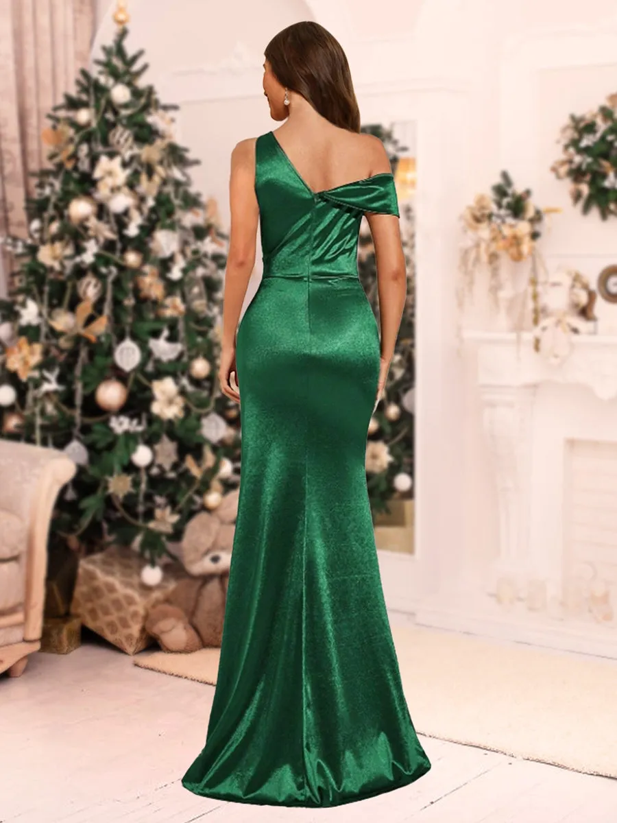 Sheath/Column V-Neck Sleeveless Floor-Length Ruched Satin Christmas Dresses with Split Side sold by Lavetir product image thumbnail 2