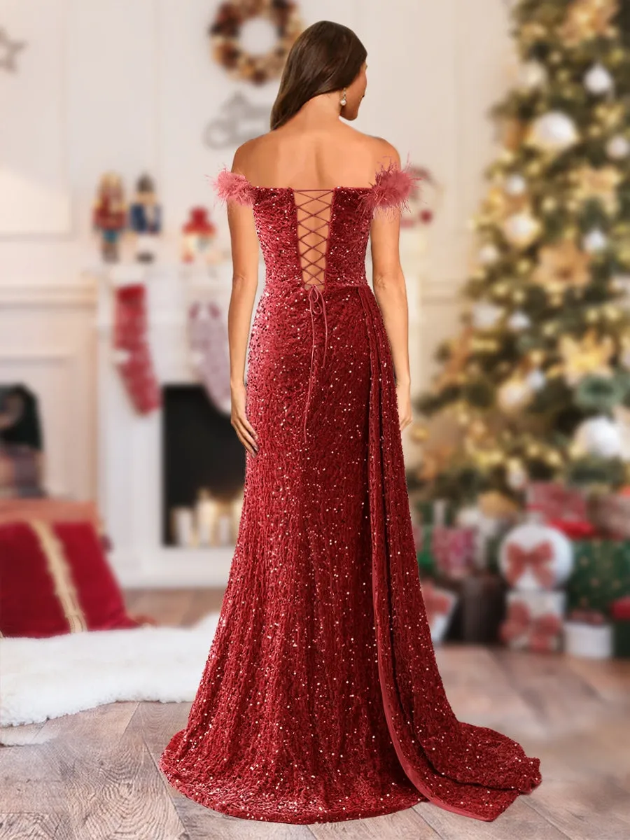 Sparkly Trumpet/Mermaid Strapless Sequined Long Christmas Dresses with Split Side & Feather sold by Lavetir product image thumbnail 2