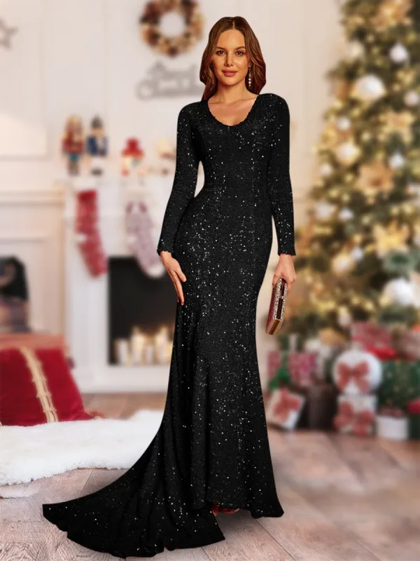 Trumpet/Mermaid U-Neck Long Sleeves Long Tight Christmas Dresses sold by Lavetir