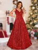 A-Line/Princess V-Neck Long Christmas Dresses with Belt sold by Lavetir