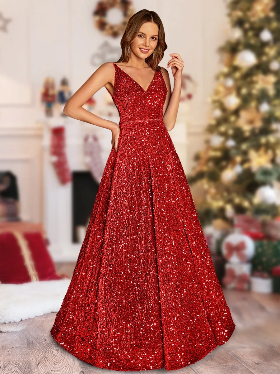 A-Line/Princess V-Neck Long Christmas Dresses with Belt sold by Lavetir
