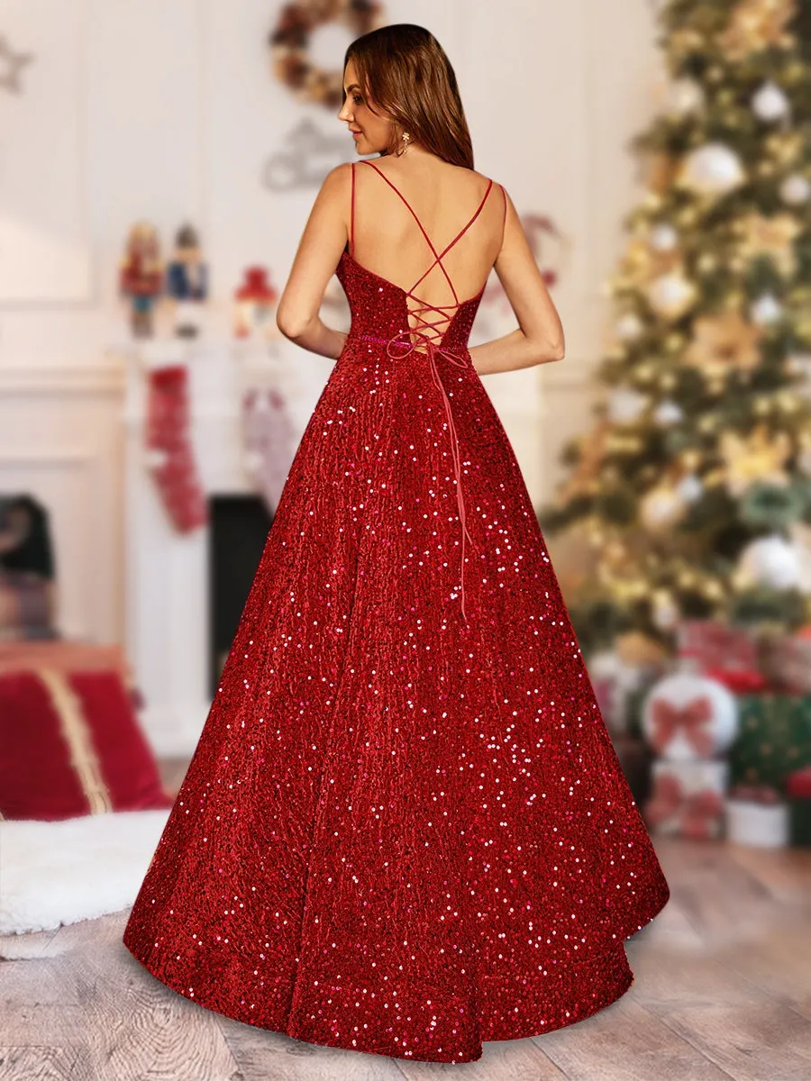 A-Line/Princess V-Neck Long Christmas Dresses with Belt sold by Lavetir product image thumbnail 2