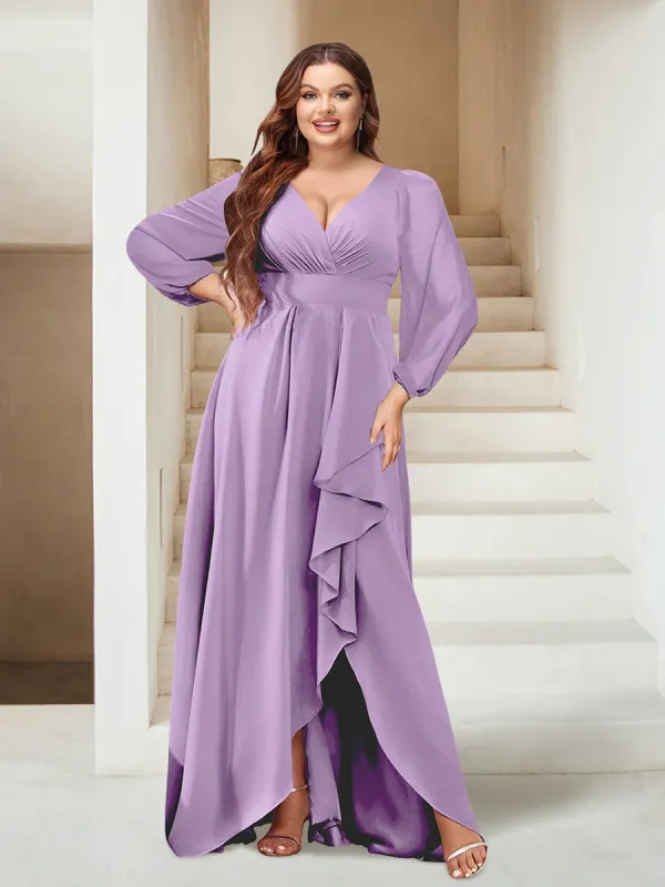 A-Line/Princess V-Neck Asymmetrical Plus Size Bridesmaid Dresses with Split Side sold by Lavetir