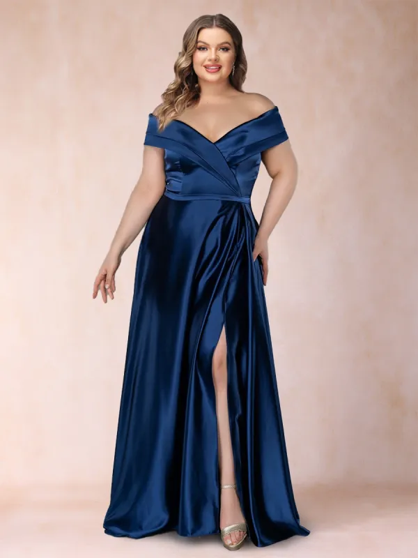 A-Line/Princess Off-the-Shoulder Ruched Plus Size Mother of the Bride Dresses with Split Side sold by Lavetir