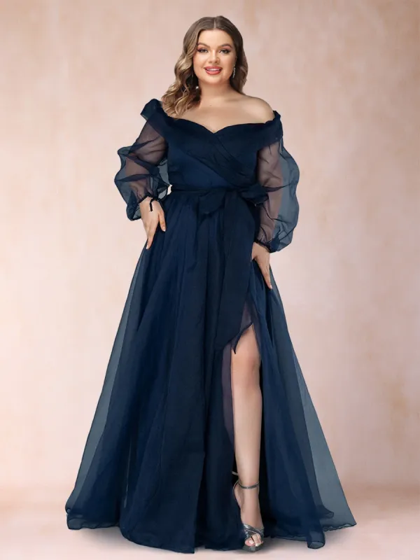 A-Line/Princess Off-the-Shoulder Long Sleeves Plus Size Mother of the Bride Dresses with Split Side sold by Lavetir