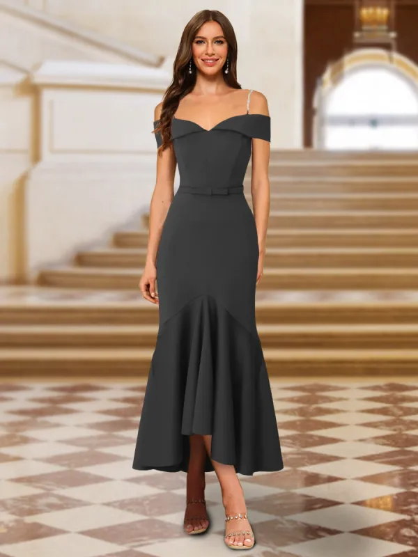 Trumpet/Mermaid Off-the-Shoulder Asymmetrical Evening Dresses with Sash & Ruffles sold by Lavetir