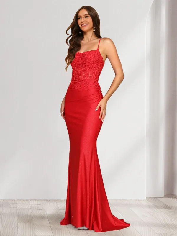 Trumpet/Mermaid Spaghetti Straps Ruched Satin Evening Dresses with Appliques sold by Lavetir