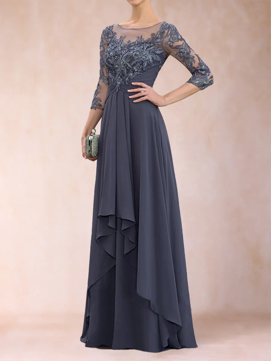 A-Line/Princess Scoop 3/4 Sleeves Chiffon Mother of the Bride Dresses with Appliques & Ruffles sold by Lavetir product image thumbnail 4