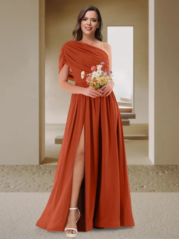 A-Line/Princess One-Shoulder Ruched Satin Bridesmaid Dresses with Side Slit sold by Lavetir