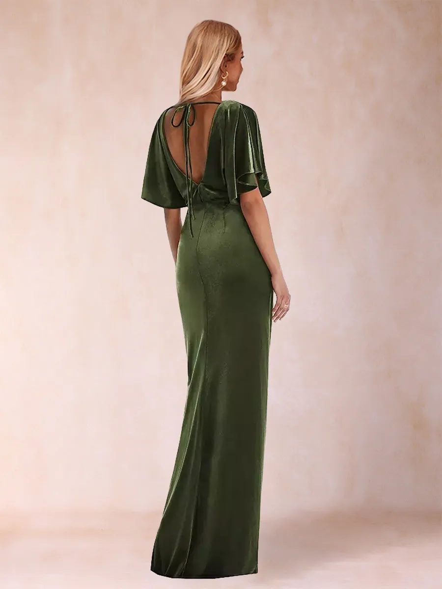 Sheath/Column Scoop Short Sleeves Floor-Length Evening Dresses with Split Side & Ruffles sold by Lavetir product image thumbnail 2