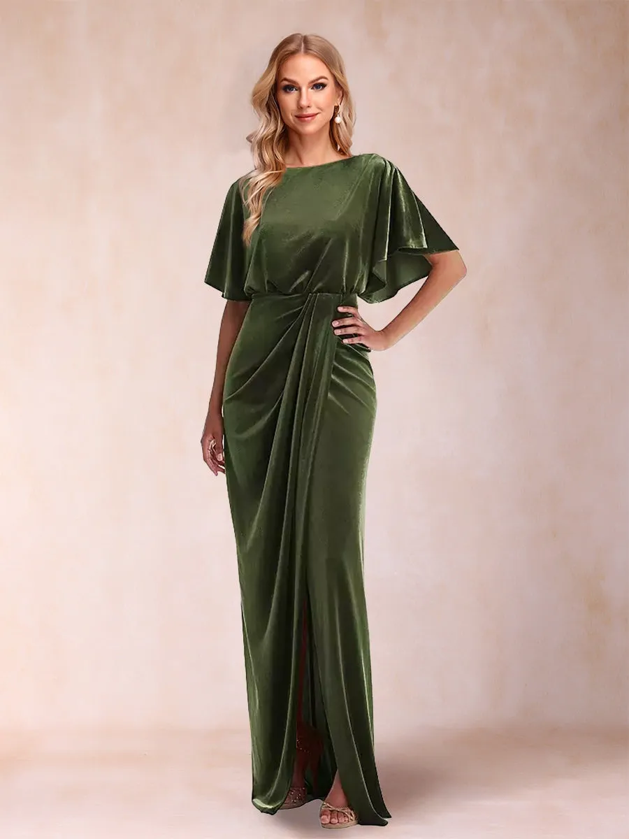 Sheath/Column Scoop Short Sleeves Floor-Length Evening Dresses with Split Side & Ruffles sold by Lavetir