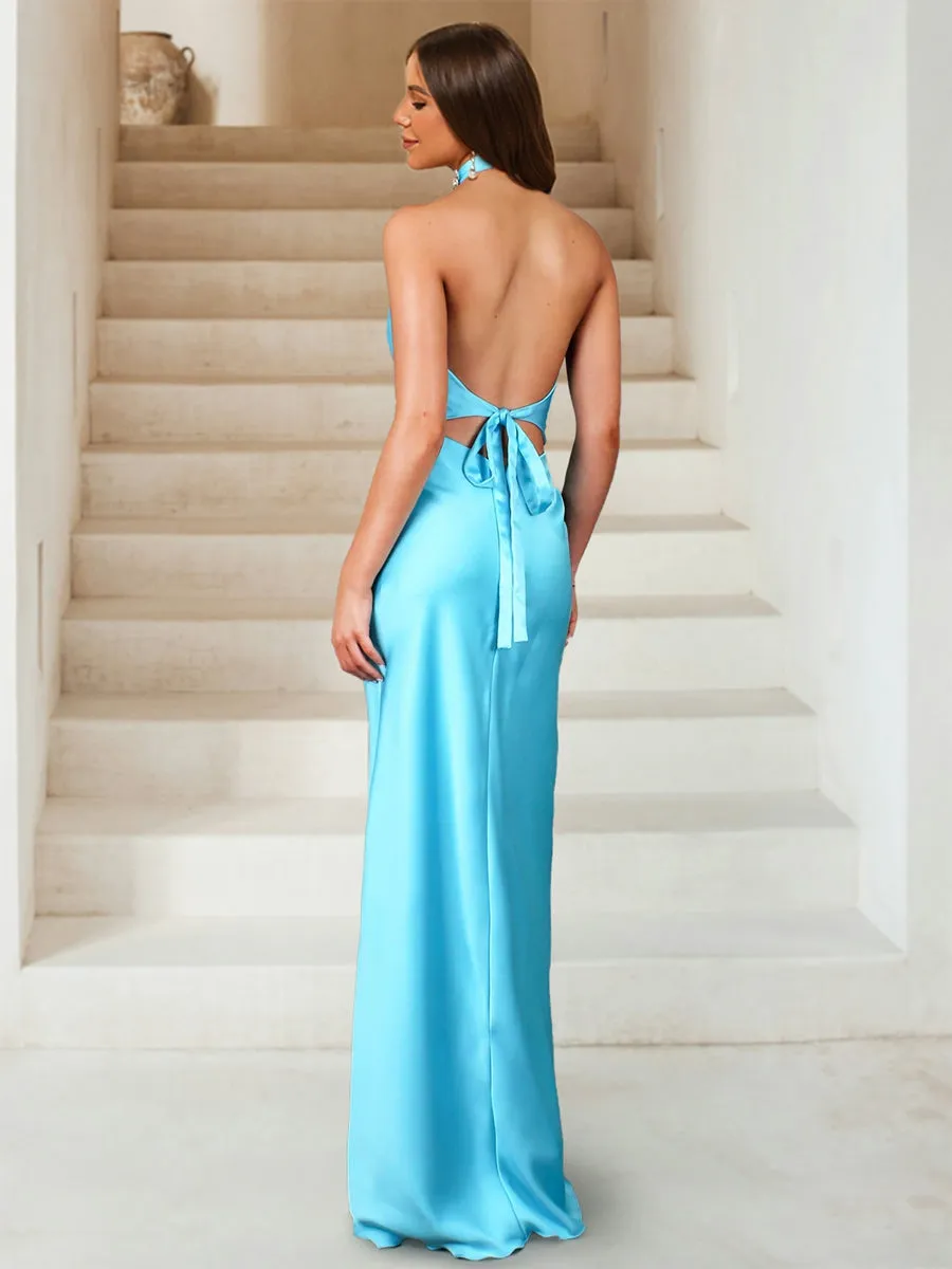 Sheath/Column Halter Ruched Floor-Length Sexy Long Prom Dresses with Rhinestone sold by Lavetir product image thumbnail 2