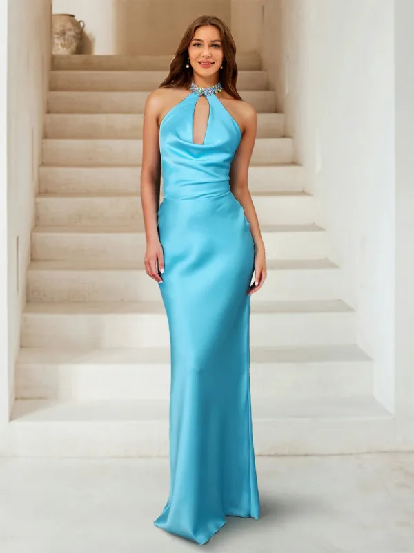 Sheath/Column Halter Ruched Floor-Length Sexy Long Prom Dresses with Rhinestone sold by Lavetir