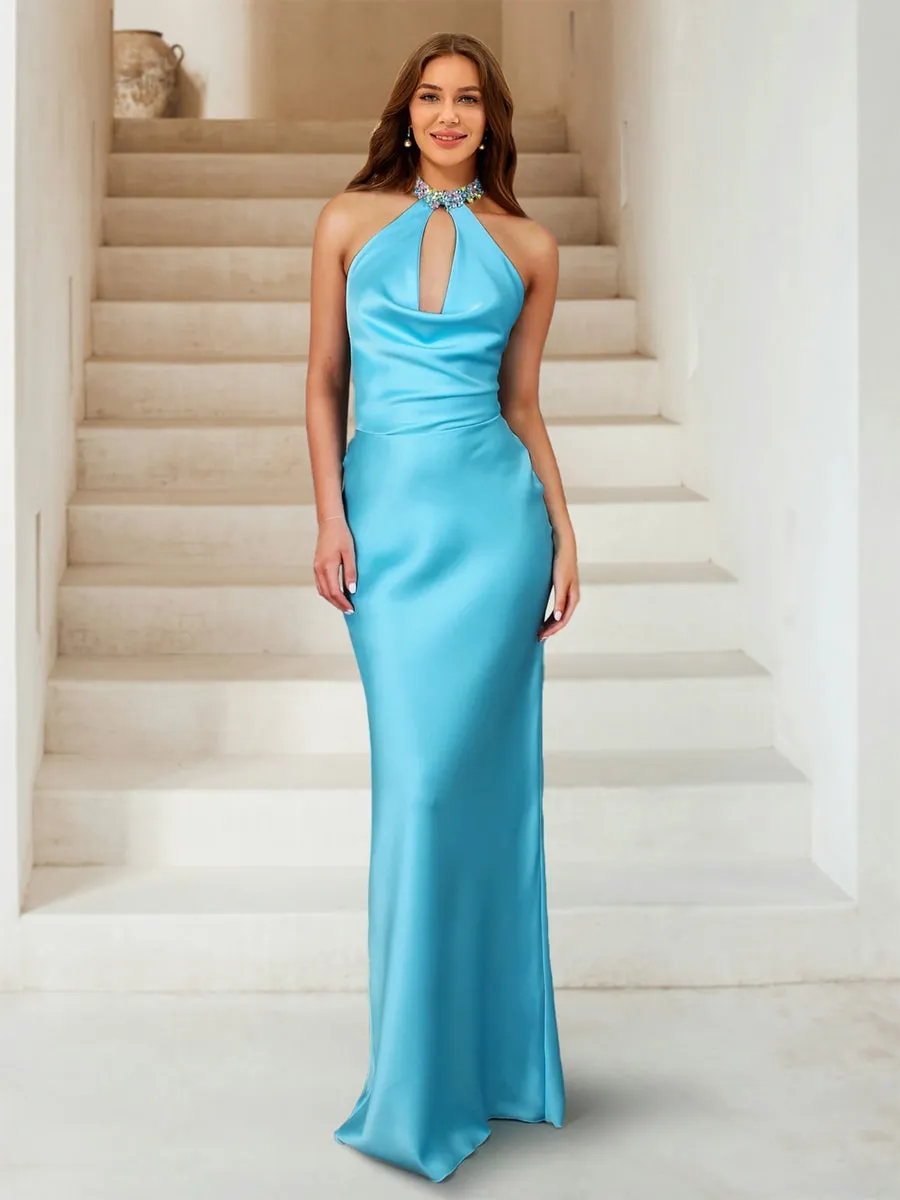 Sheath/Column Halter Ruched Floor-Length Sexy Long Prom Dresses with Rhinestone sold by Lavetir